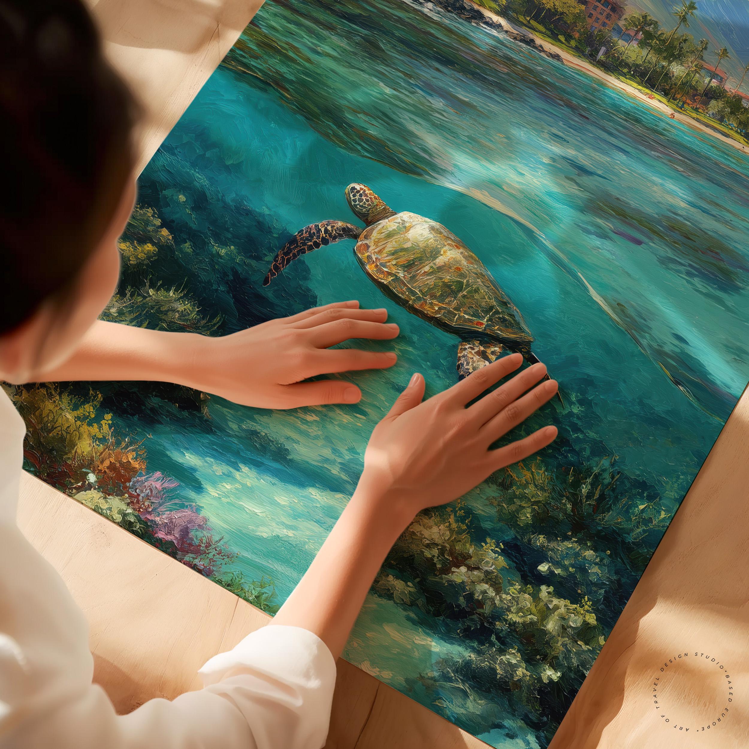 マウイ島 ハワイ 油絵ポスター | ウミガメ ウォールアートプリント