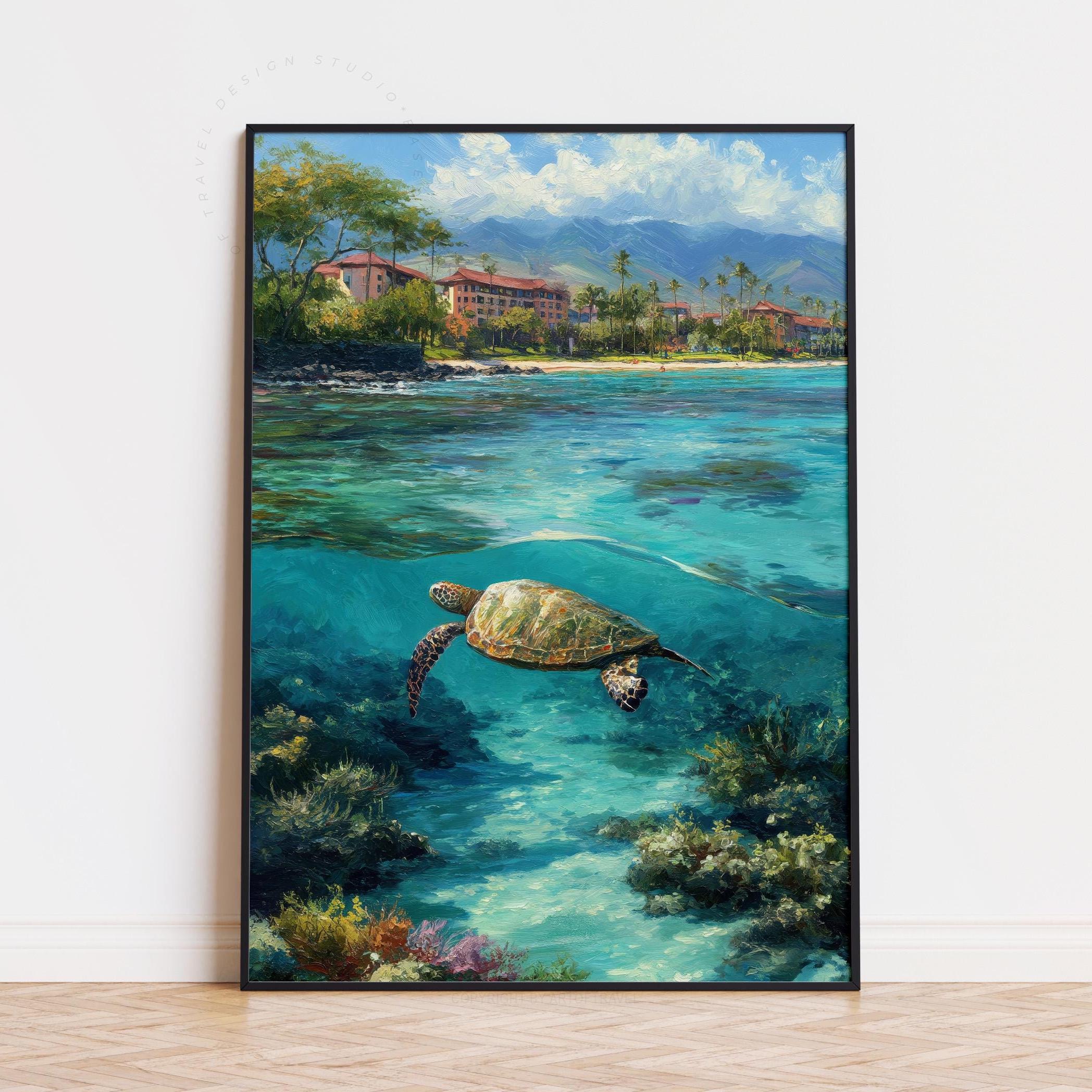 マウイ島 ハワイ 油絵ポスター | ウミガメ ウォールアートプリント