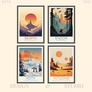 ¡NUEVO! Póster de viaje de Star Wars, 4 impresiones de Star Wars, Bespin, Endor, Hoth, póster de viaje de Tatooine, regalos de cumpleaños, decoración del hogar, Navidad en Hoth
