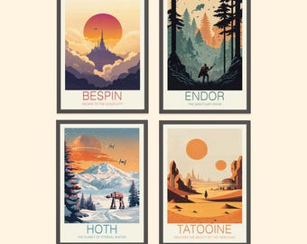 May include: Four retro-style travel posters featuring iconic locations from the Star Wars universe. The posters feature Bespin, Endor, Hoth, and Tatooine, each with a unique color scheme and illustration.