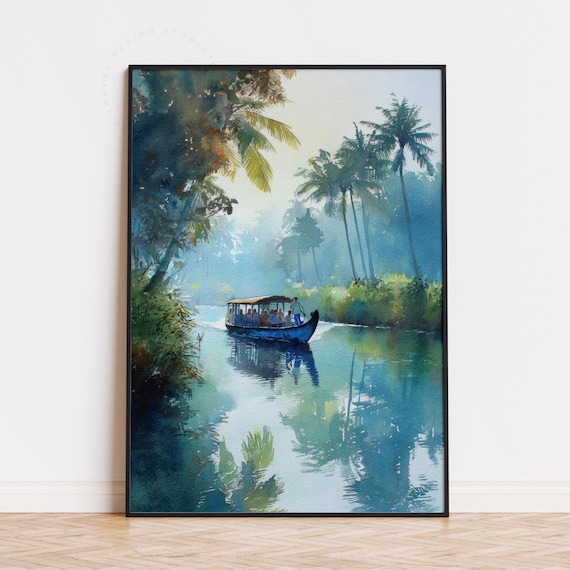 Kottayam India Watercolor Poster | Kerala Backwaters Travel Wall Art Print