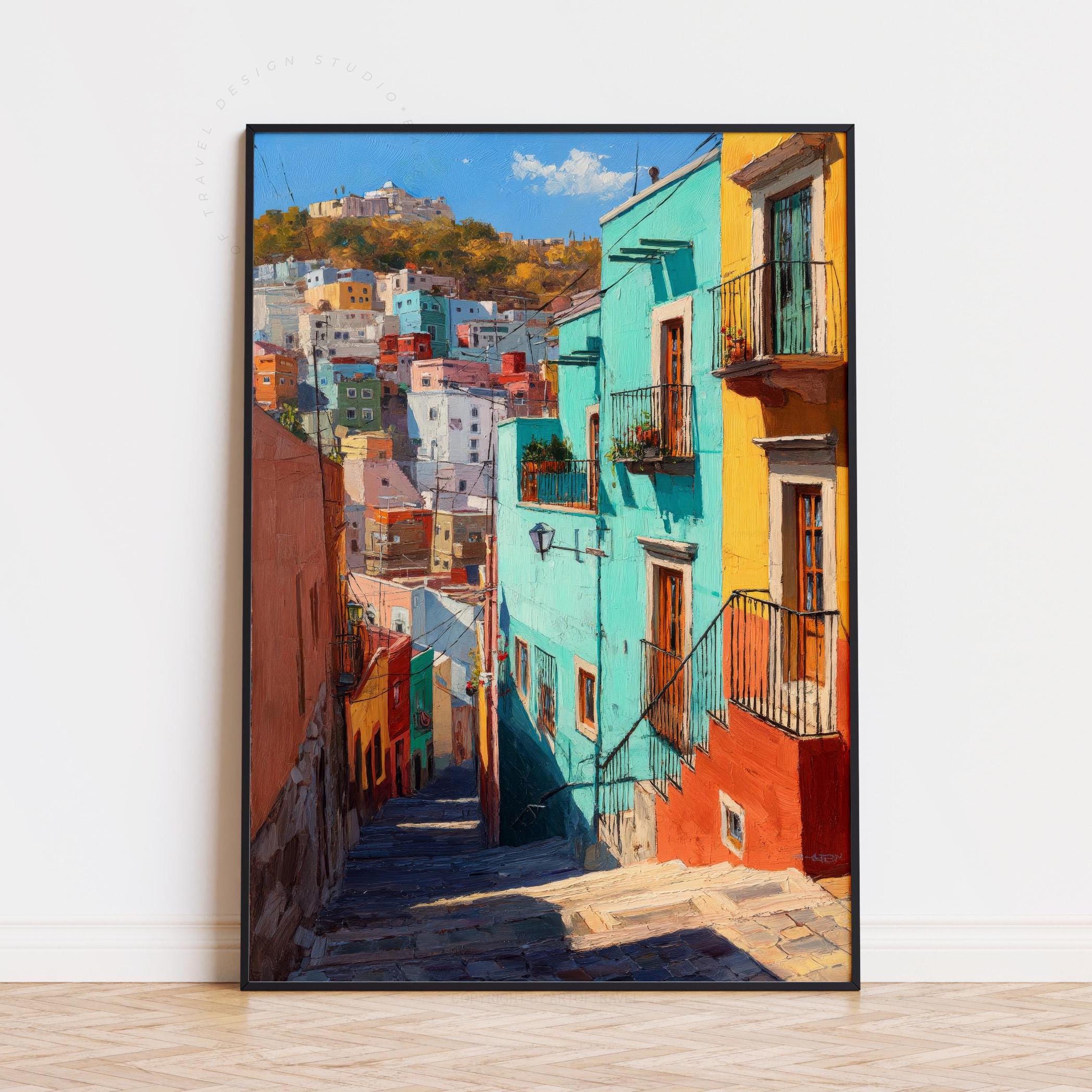 Guanajuato Mexico Oil Painting – Colorful Colonial Street Wall Art