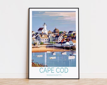 May include: A colorful illustration of a seaside town with a lighthouse, boats, and the text "CAPE COD MASSACHUSETTS".