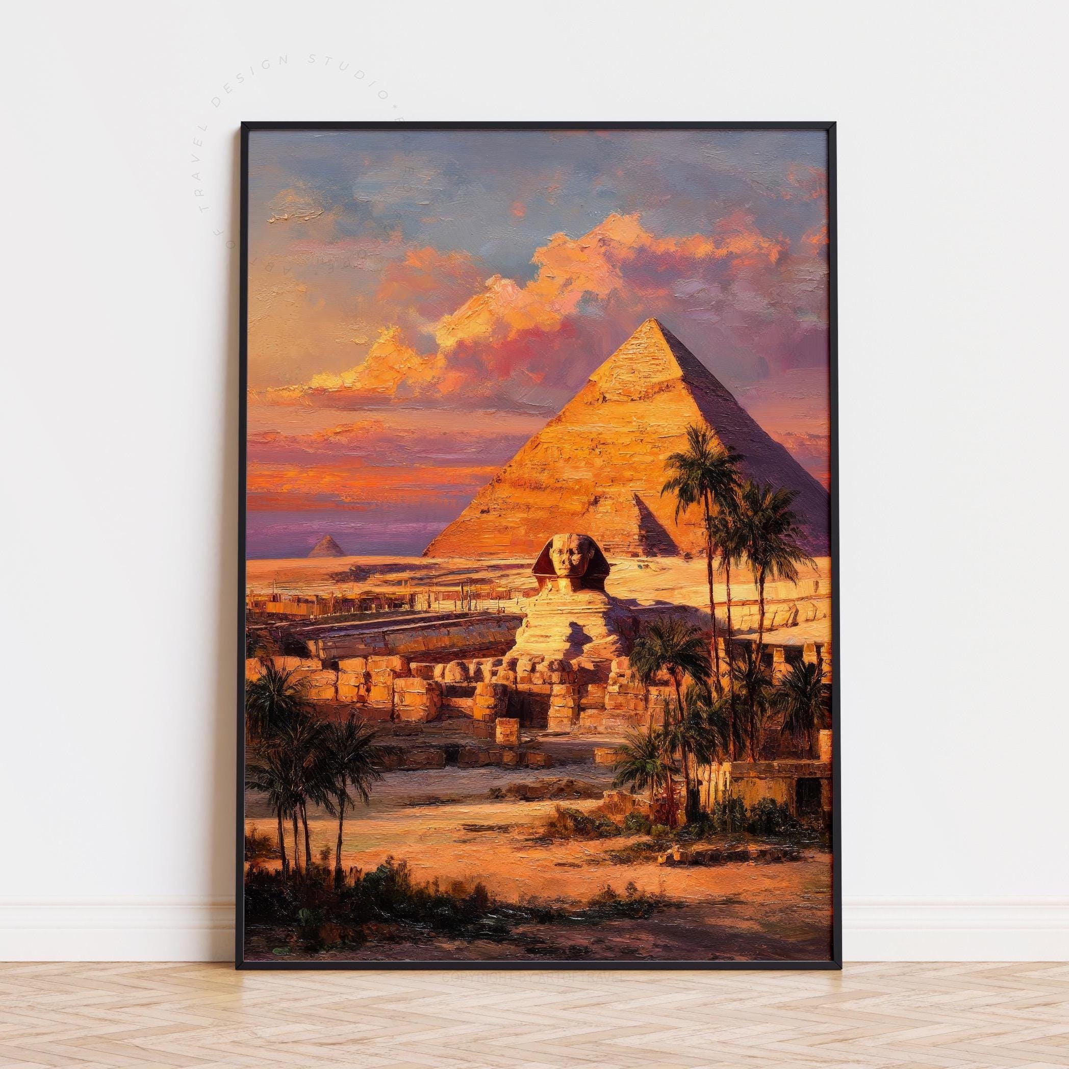 Cairo Egypt Pyramids Oil Painting Print | Sphinx Sunset Wall Art ...