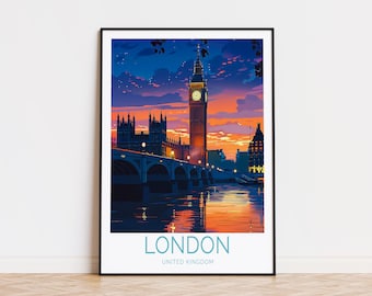 May include: A poster with a colorful illustration of the Houses of Parliament and Big Ben in London, England. The sky is a vibrant orange and purple, and the river Thames is reflected in the water. The text "LONDON" and "UNITED KINGDOM" is printed at the bottom of the poster.