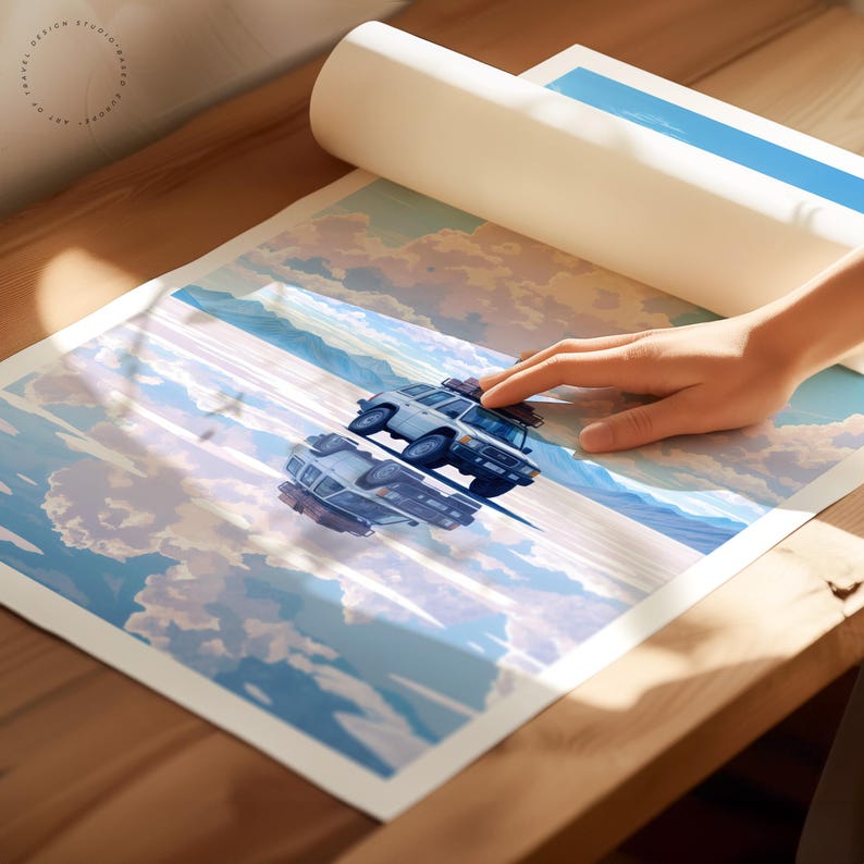 May include: A white SUV with a roof rack drives on a road with a cloudy sky and mountains in the background. The car is reflected in the road, creating a mirrored image.