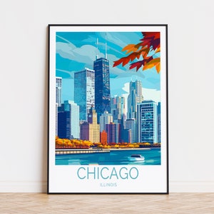 Chicago Travel Poster, Illinois Chicago Wall Art, Illinois Poster, Travel Home Decor, Wedding Present, Birthday Gifts