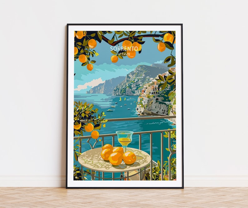 May include: A colorful illustration of a balcony overlooking the Amalfi Coast in Italy. The scene features a glass of orange juice, a plate of oranges, and the text "SORRENTO ITALY".