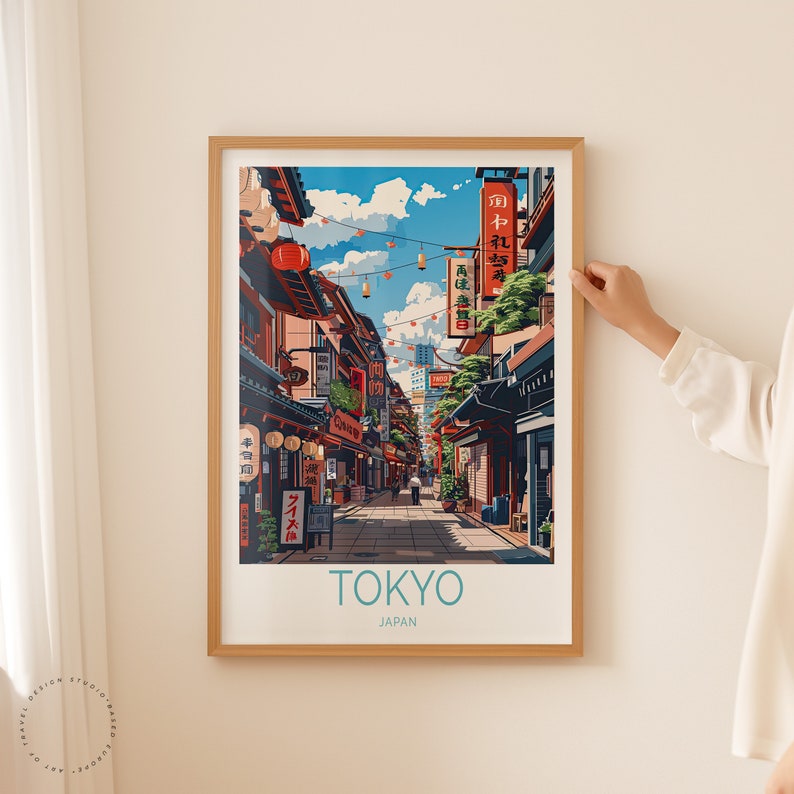 May include: A colourful illustration of a street scene in Tokyo, Japan. The image features traditional Japanese architecture, lanterns, and street signs. The text "TOKYO" and "JAPAN" are printed at the bottom of the image.