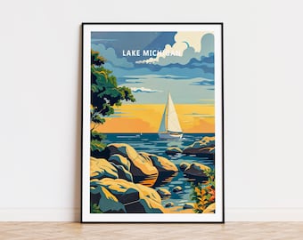 Lake Michigan USA Sunset Poster, USA Wall Art Decor, Lake Michigan Custom Travel Poster, USA Coast Print, Personalised Gifts