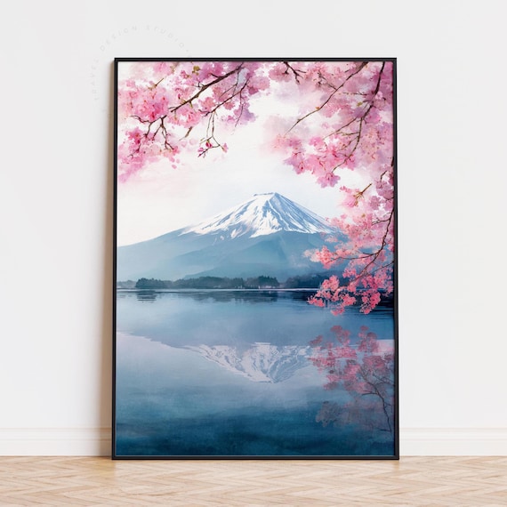 Mount Fuji Japan Watercolor Travel Poster, Cherry Blossom