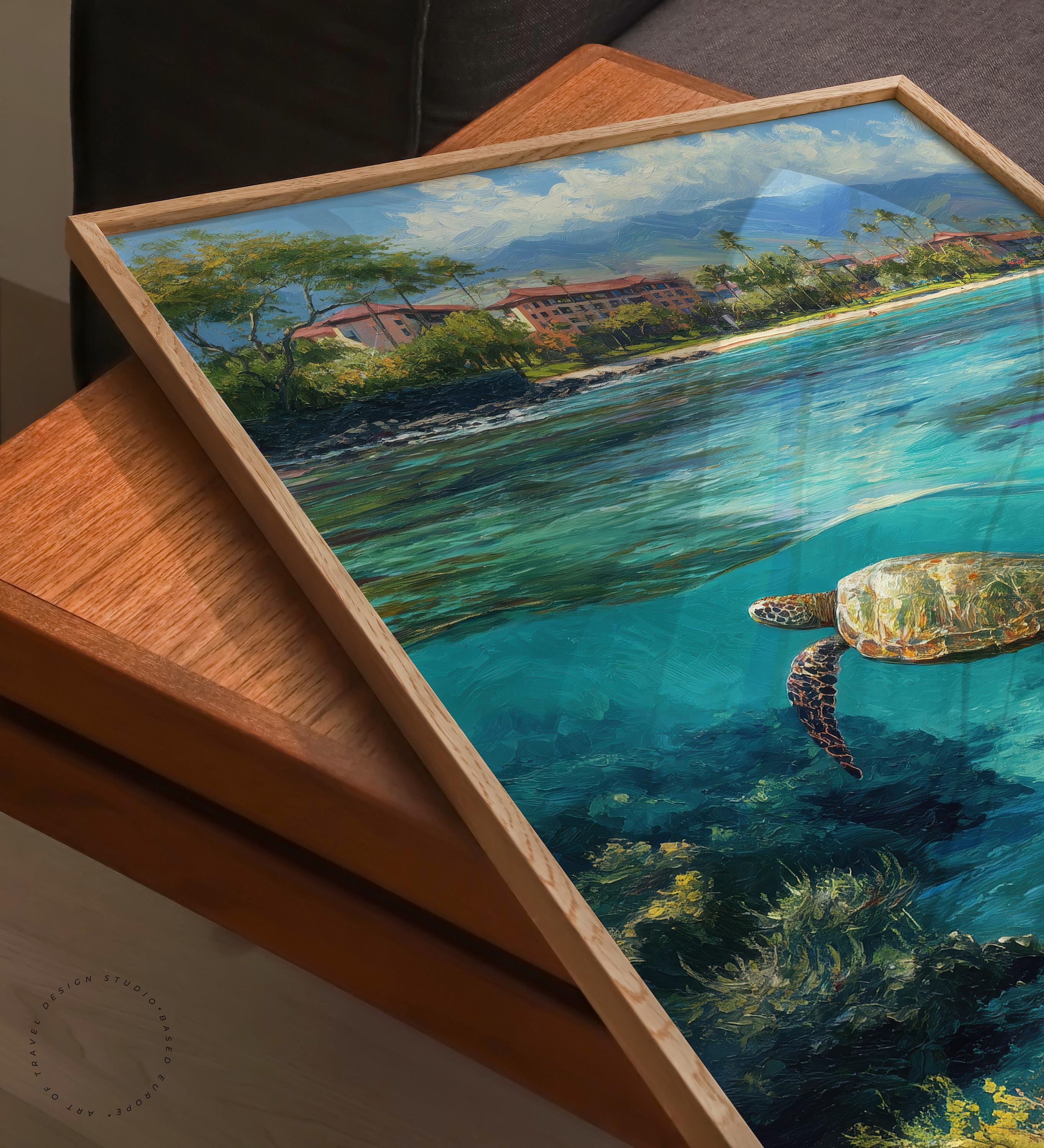マウイ島 ハワイ 油絵ポスター | ウミガメ ウォールアートプリント