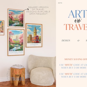 May include: A set of four framed travel posters featuring illustrations of Aveiro, Central Park, London, and a cityscape. The posters are displayed on a white wall with a wooden stool in front of them. The text "Art of Travel" is displayed on the stool. The text "Design & Studio" is displayed on the right side of the image. The text "Money Saving Offers" is displayed below the text "Design & Studio". The text "Use "OFF25" code at check out when buy 3 or more prints" is displayed below the text "Money Saving Offers". The text "Use "OFF35" code at check out when buy 5 or more prints" is displayed below the text "Use "OFF25" code at check out when buy 3 or more prints".