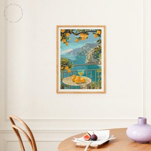 May include: A colorful illustration of a balcony overlooking the ocean in Sorrento, Italy. The balcony has a table with a glass of lemonade and oranges on it. The text "SORRENTO ITALY" is printed on the image.