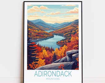 Poster de voyage dans les montagnes Adirondack, art mural New York, impression montagnes Adirondack, décoration d'intérieur, cadeaux d'anniversaire, affiche de voyage personnalisée
