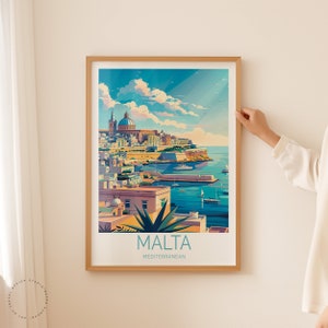 May include: A colorful illustration of the city of Valletta, Malta, with a blue sky and white clouds. The text "MALTA MEDITERRANEAN" is at the bottom of the image.