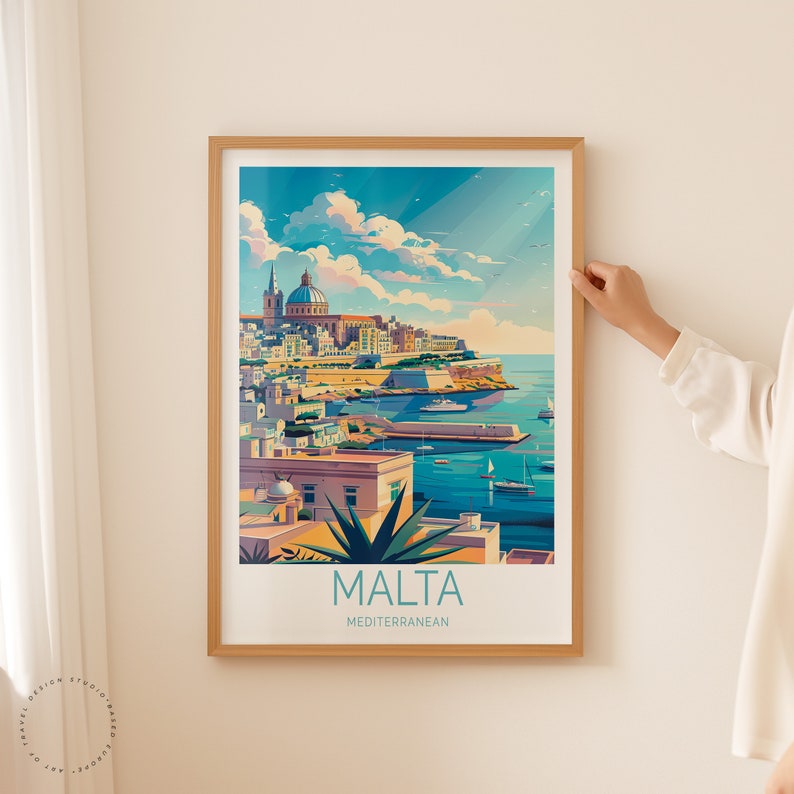 May include: A colorful illustration of the city of Valletta, Malta, with a blue sky and white clouds. The text "MALTA MEDITERRANEAN" is at the bottom of the image.