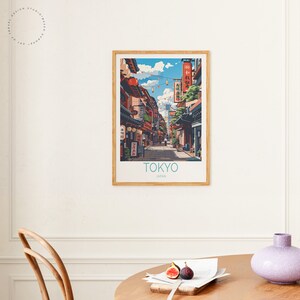 May include: A vintage-style poster with an illustration of a street scene in Tokyo, Japan. The poster features a narrow street lined with traditional Japanese buildings, with red lanterns hanging overhead. The text "TOKYO" and "JAPAN" is printed at the bottom of the poster.