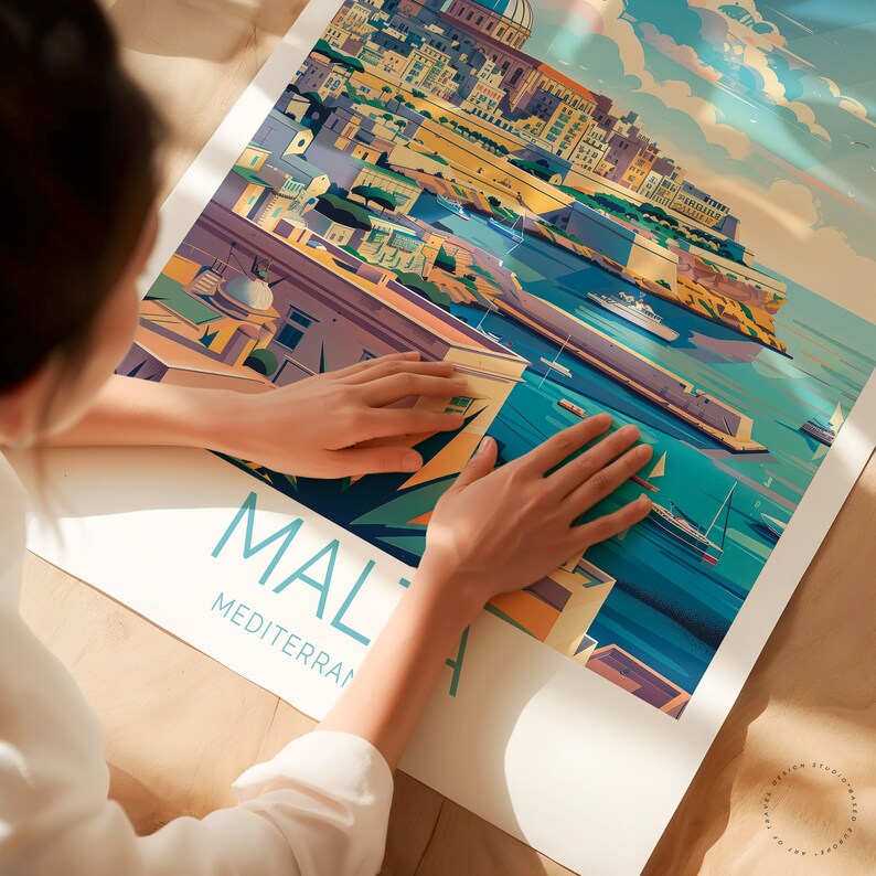 May include: A colorful illustration of the city of Valletta, Malta, with the text "MALTA MEDITERRANEAN" at the bottom. The illustration features a harbor with boats and a cityscape with buildings in shades of blue, yellow, and orange.