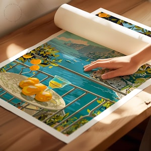 May include: A colorful illustration of a balcony overlooking a blue ocean with a glass of lemonade and oranges on a table. The scene is reminiscent of a Mediterranean vacation.