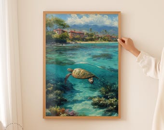 マウイ島 ハワイ 油絵ポスター | ウミガメ ウォールアートプリント