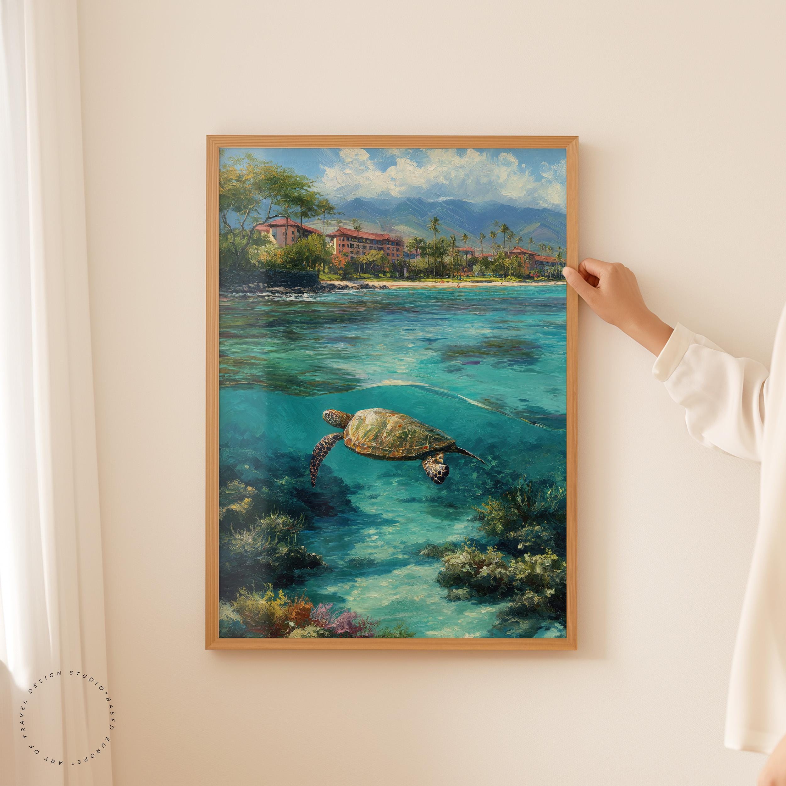 マウイ島 ハワイ 油絵ポスター | ウミガメ ウォールアートプリント