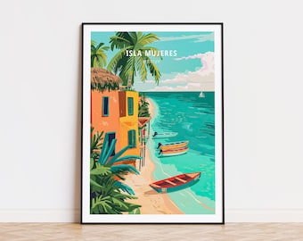 May include: A colorful illustration of a tropical island scene with a yellow building, palm trees, and boats in turquoise water. The text "ISLA MUJERES" is at the top of the image.