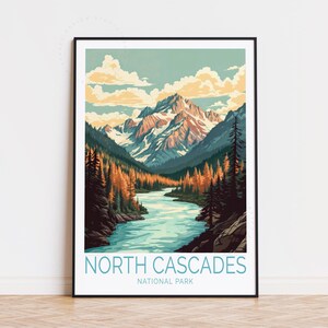 Pôster de viagem do Parque Nacional North Cascades, Arte de parede de Washington, Impressão North Cascades, Decoração de casa, Presentes de aniversário, Pôster de viagem personalizado
