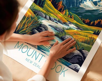 マウントクック旅行ポスター、ニュージーランドの壁アート、マウント