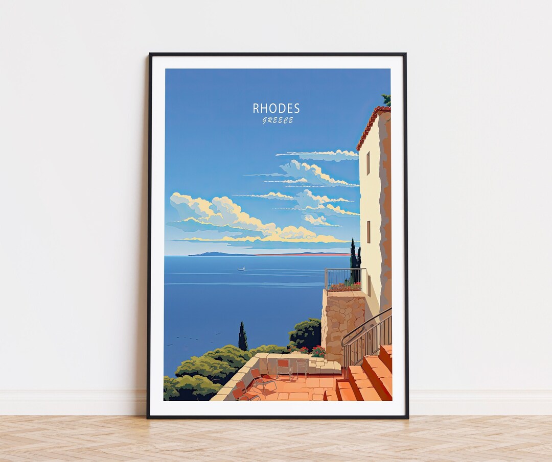 Rhodes Greece Travel Poster, Greece Wall Art, Rhodes Greece Coast Print