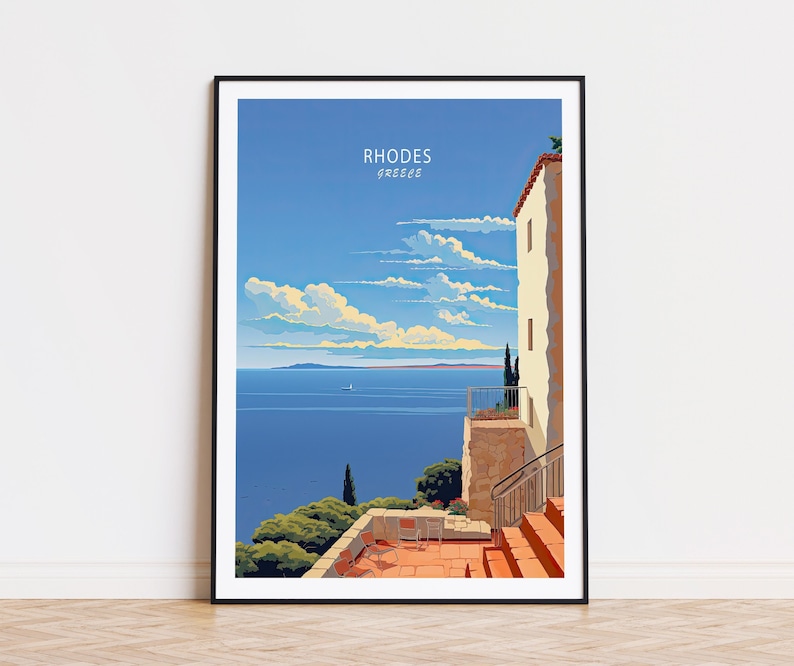 Rhodes Greece Travel Poster, Greece Wall Art, Rhodes Greece Coast Print