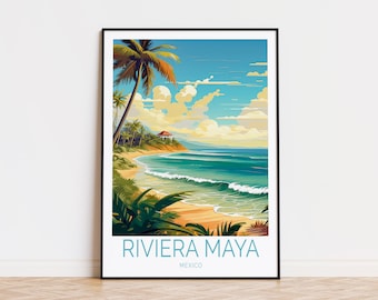 Op de afbeelding: Een kleurrijke illustratie van een strandscène met palmbomen, een klein huis en turquoise water met golven. De tekst "RIVIERA MAYA MEXICO" staat onderaan de afbeelding.