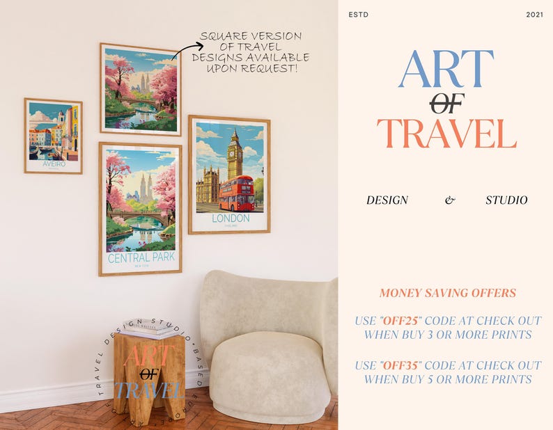 K&ouml;nnte beinhalten: Vier gerahmte Kunstdrucke zum Thema Reisen an einer wei&szlig;en Wand. Die Drucke zeigen Szenen aus London, Central Park und Aveiro. Der Text "ART OF TRAVEL" ist an der Wand zu sehen. Die Drucke sind in Holzrahmen.