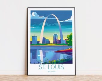 May include: A colorful illustration of the Gateway Arch in St. Louis, Missouri. The arch is white and stands tall against a blue sky with white clouds. The city skyline is visible in the background, with buildings in shades of blue, green, and purple. The river below the arch is blue with reflections of the city.