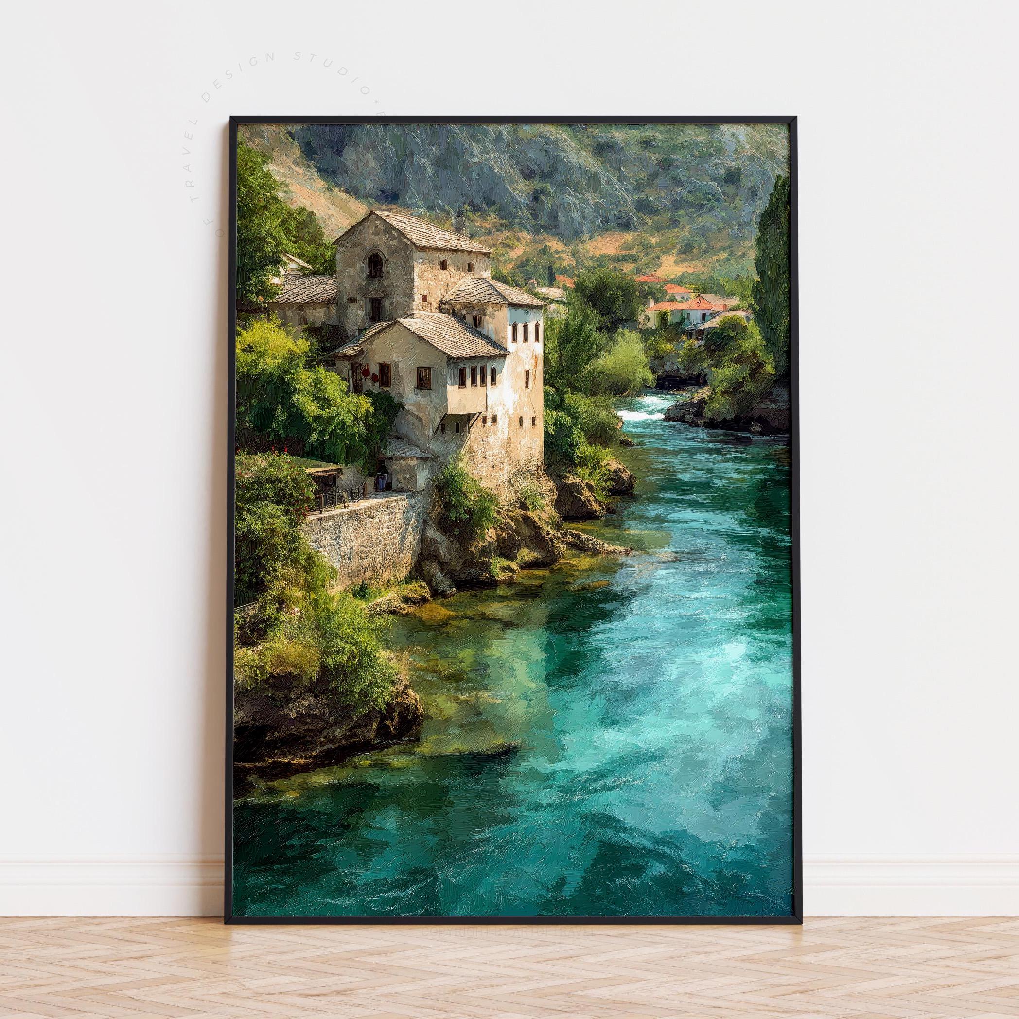 Mostar Bosnia Oil Painting Travel Poster | Neretva River Old Town