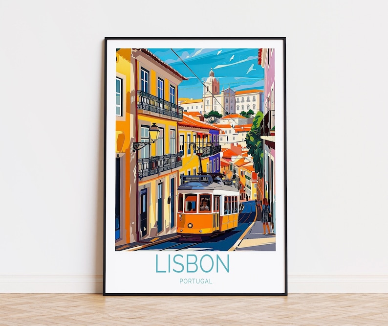 May include: A colorful illustration of a yellow tram traveling up a hill in Lisbon, Portugal. The tram is surrounded by colorful buildings and a blue sky with white clouds. The text "LISBON PORTUGAL" is at the bottom of the image.