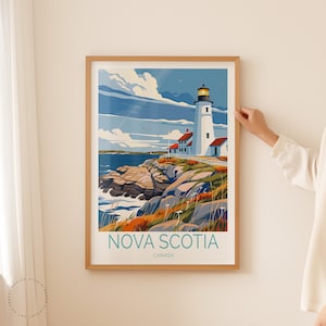May include: A vintage-style poster featuring a lighthouse on a rocky coastline with a blue sky and white clouds. The poster has the text "NOVA SCOTIA CANADA" at the bottom.