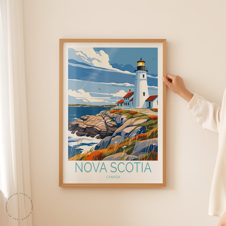 May include: A vintage-style poster featuring a lighthouse on a rocky coastline with a blue sky and white clouds. The poster has the text "NOVA SCOTIA CANADA" at the bottom.