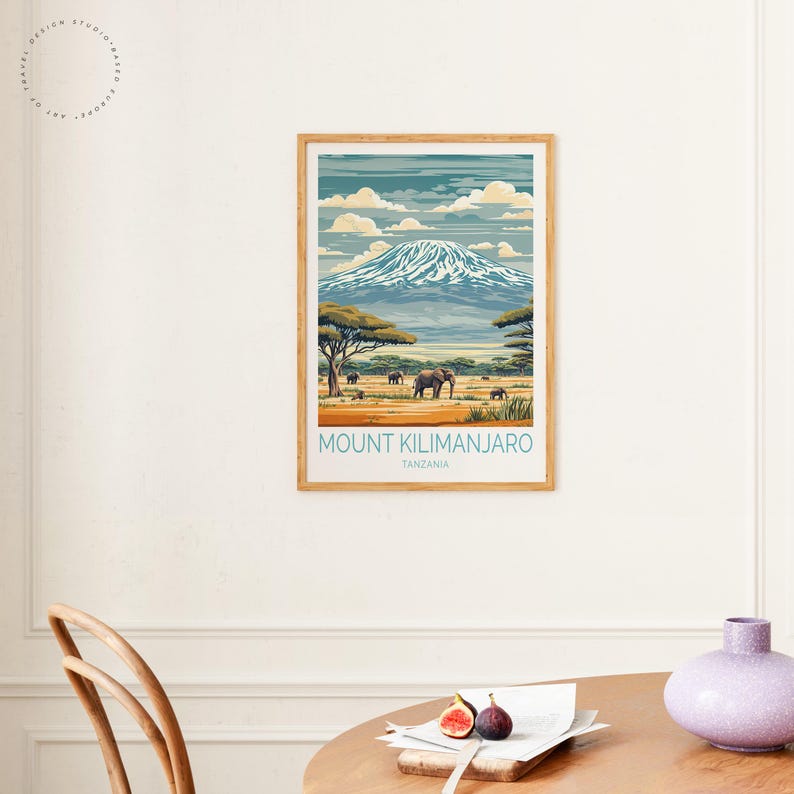 May include: A vintage travel poster featuring a colorful illustration of Mount Kilimanjaro in Tanzania. The poster has a blue, green, and brown color scheme and depicts a snowy mountain peak with elephants in the foreground.
