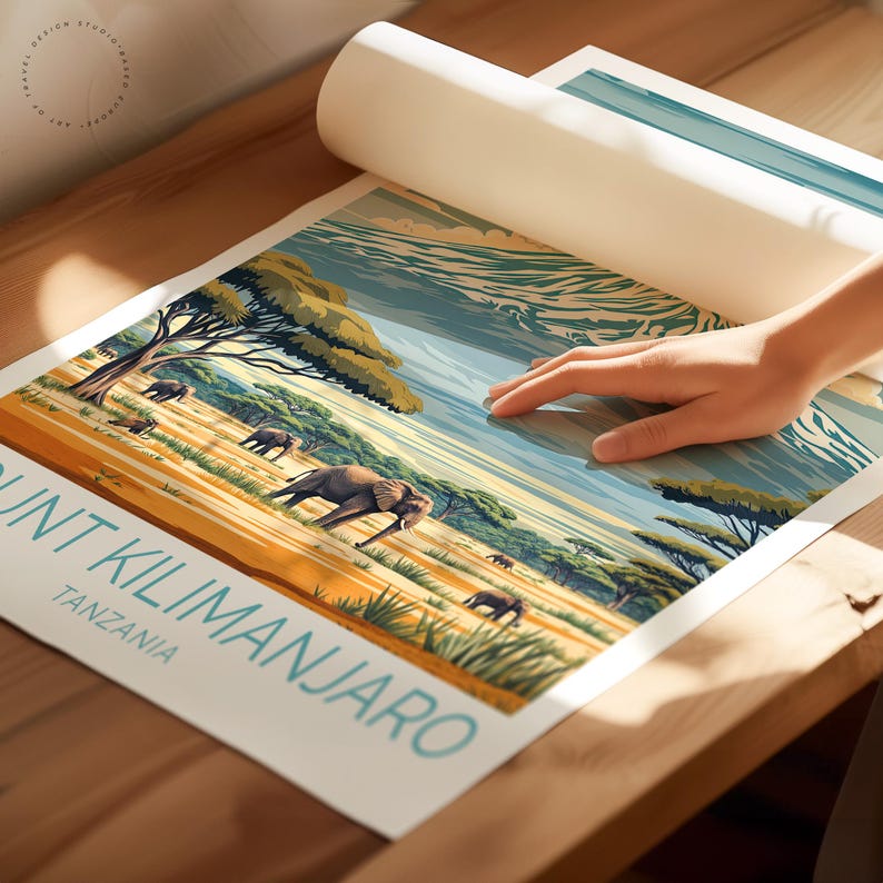 May include: A vintage travel poster featuring Mount Kilimanjaro in Tanzania. The poster has a blue, green, and yellow color scheme and depicts elephants in the foreground. The text "Mount Kilimanjaro" and "Tanzania" is printed in a teal blue font.