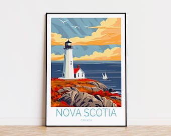 Könnte beinhalten: Eine farbenfrohe Illustration eines Leuchtturms an einer felsigen Küste mit einem Segelboot in der Ferne. Der Text "NOVA SCOTIA CANADA" befindet sich am unteren Rand des Bildes.