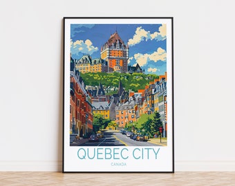 Puede incluir: Un cartel de viaje vintage con una ilustración colorida de la ciudad de Quebec, Canadá. El cartel representa una calle bordeada de edificios, con el icónico hotel Château Frontenac en el fondo. El texto "QUEBEC CITY" y "CANADA" se muestra en la parte inferior del cartel.