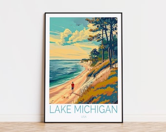 Lake Michigan USA Poster, USA Travel Wall Art Decor, Lake Michigan Beach Poster, USA City Print, Personalised Gifts, Travel Poster
