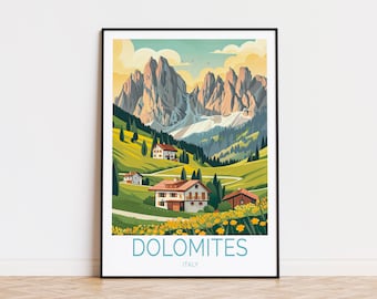 Könnte beinhalten: Eine farbenfrohe Illustration der Dolomiten in Italien. Das Bild zeigt ein grünes Tal mit Häusern und gelben Wildblumen, und die Berge im Hintergrund sind eine Mischung aus Braun, Weiß und Grau. Der Text "Dolomites Italy" befindet sich am unteren Rand des Bildes.