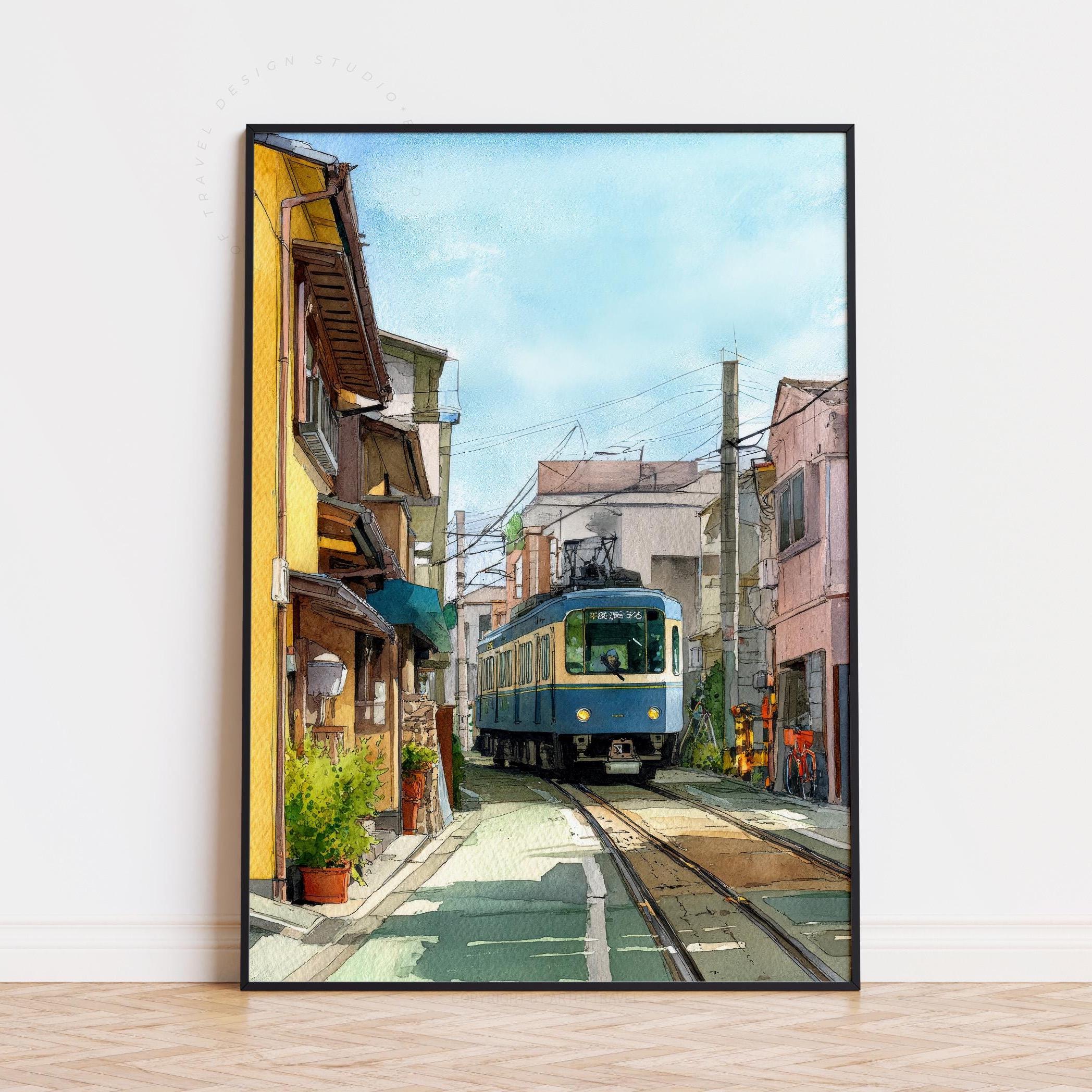 Kamakura Japan Watercolor Travel Poster, Street Tram Coastal Town