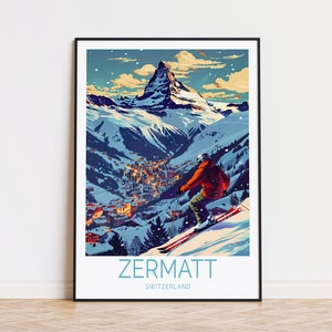 Póster de viaje a Zermatt, Suiza, arte mural de Suiza, póster de viaje de invierno a Zermatt, decoración del hogar, regalos de cumpleaños, regalos de boda