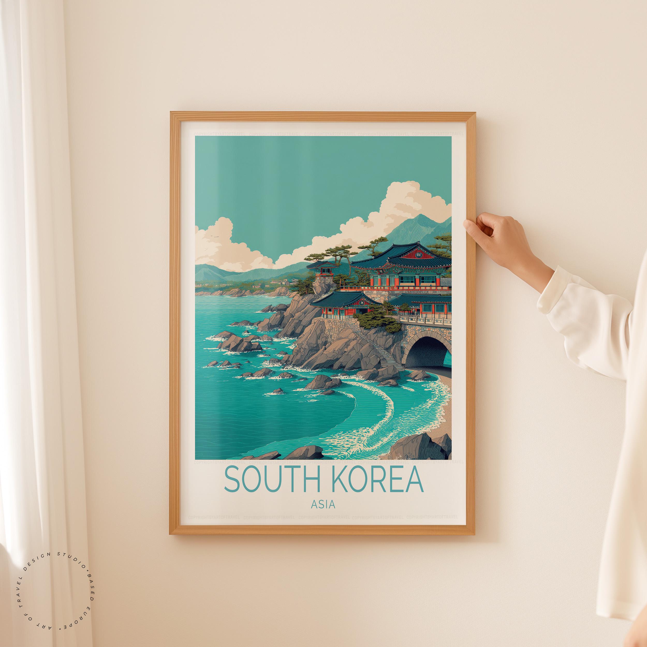 South Korea Travel Poster – Asian Coastal Wall Art, Korean Temple