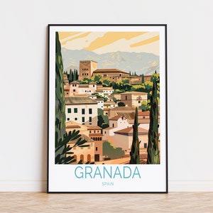 Puede incluir: Una ilustraci&oacute;n colorida del palacio de la Alhambra en Granada, Espa&ntilde;a. La imagen presenta una vista del palacio desde la ciudad de abajo, con una cordillera de monta&ntilde;as en el fondo. El texto "GRANADA" y "SPAIN" est&aacute; impreso debajo de la imagen.