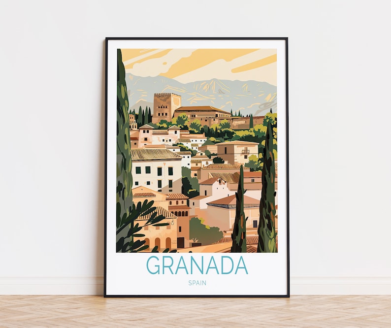 Puede incluir: Una ilustraci&oacute;n colorida del palacio de la Alhambra en Granada, Espa&ntilde;a. La imagen presenta una vista del palacio desde la ciudad de abajo, con una cordillera de monta&ntilde;as en el fondo. El texto "GRANADA" y "SPAIN" est&aacute; impreso debajo de la imagen.