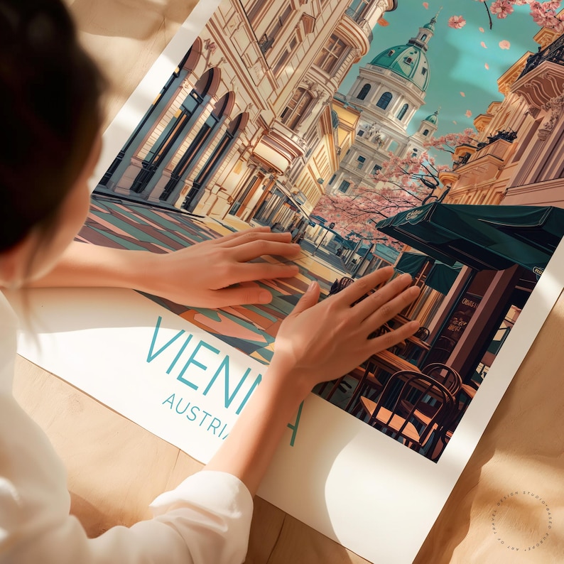 May include: A poster with a stylized illustration of Vienna, Austria, showcasing buildings, streets, and a prominent dome. The poster has the word "VIENNA" in teal, with "AUSTRIA" below. The image has a warm colour palette.